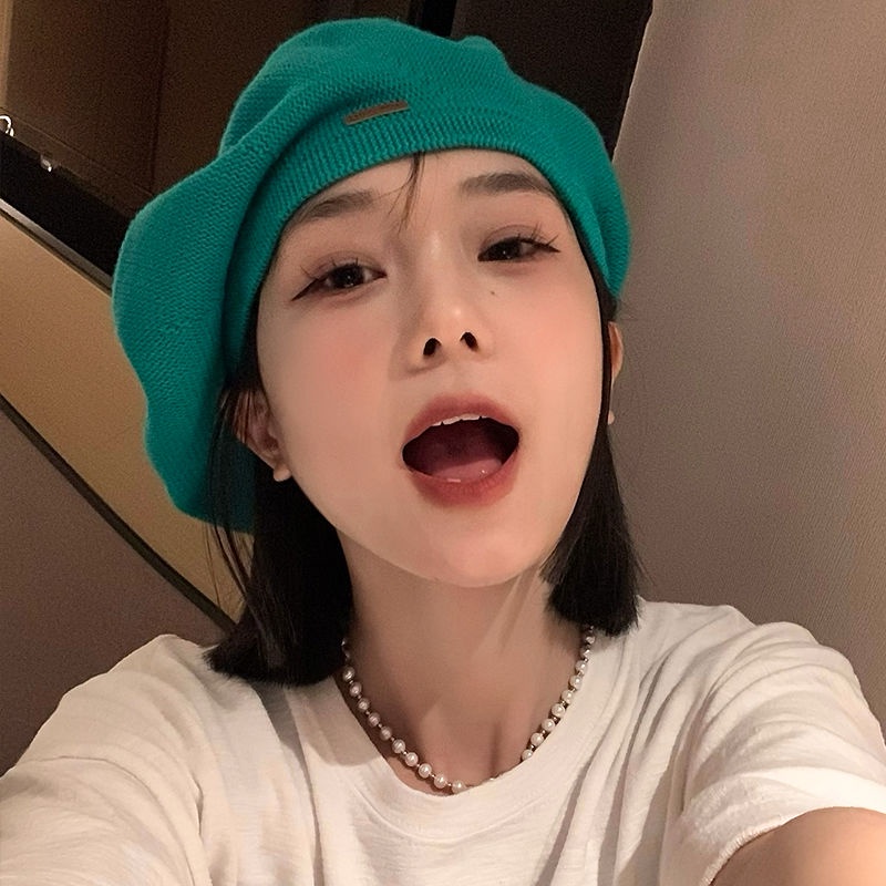 Mũ Beret Dệt Kim Màu Xanh Lam Hồ Dệt Kim ins Influencer Showing Face Phong Cách Họa Sĩ Nhật Bản Cho Nữ
