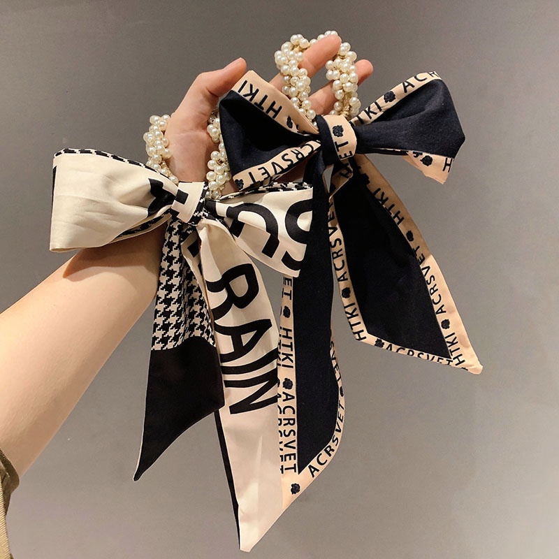 Dây Buộc Tóc Thắt Nơ Ruy Băng Đính Ngọc Trai Giả Kiểu Hàn Quốc Xinh Xắn