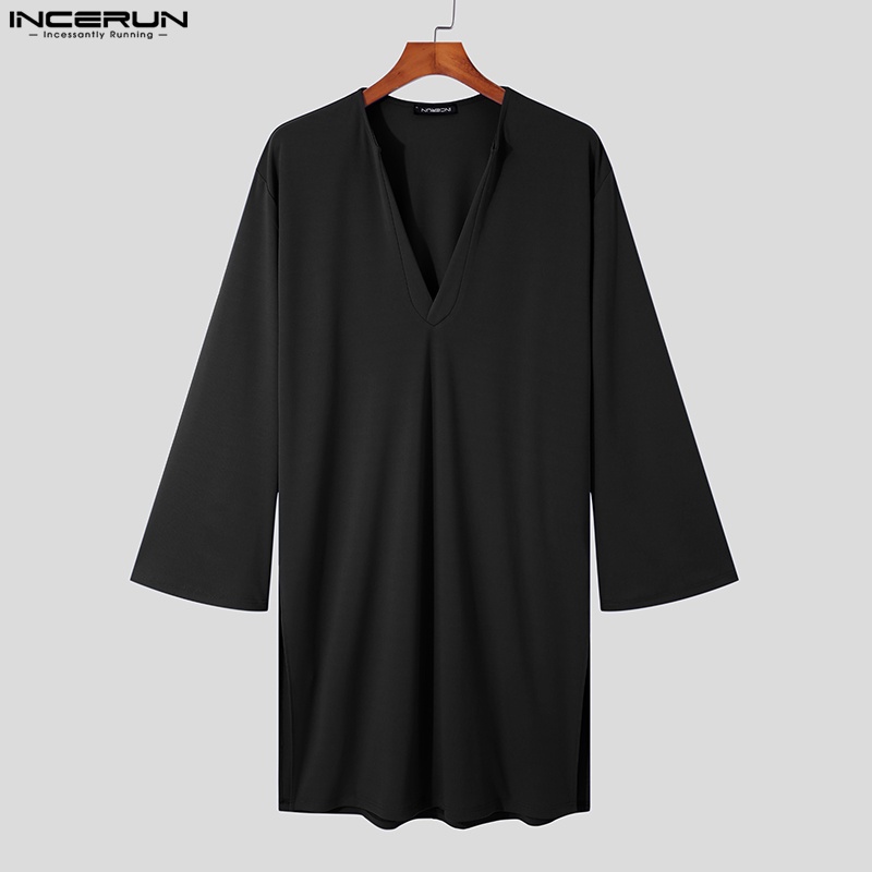 Áo choàng kaftan Incerun dài tay cổ chữ V màu trơn sành điệu cho nam phong cách Hồi giáo