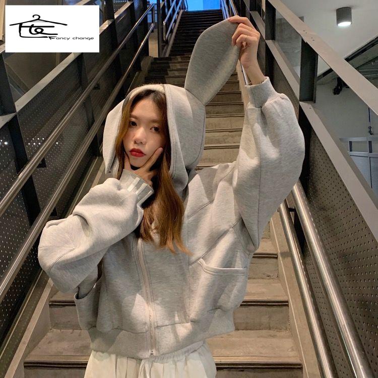 Áo Hoodie Ngắn Dáng Rộng In Hình Tai Thỏ Dễ Thương Thời Trang Mùa Thu Cho Nữ