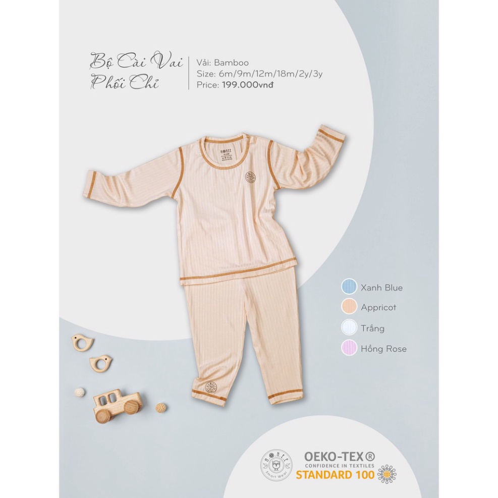 Bộ dài tay cài vai trẻ em hãng Hrnee vải sợi sồi cổ tròn phối chỉ- BST HRNEE