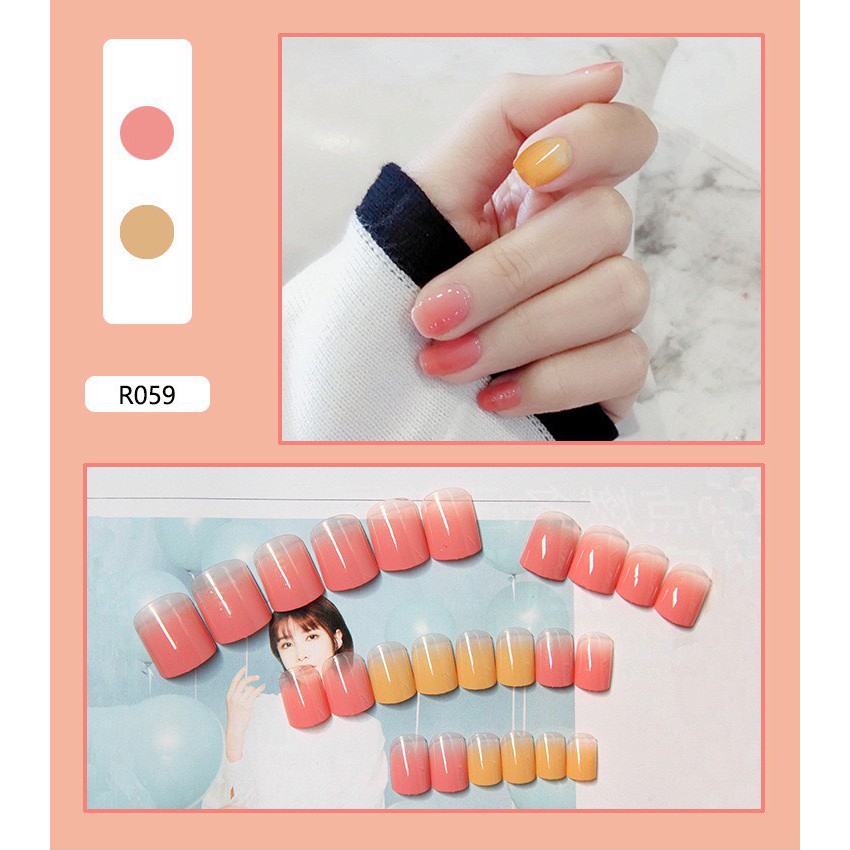 Set 24 móng tay giả họa tiết 3D cao cấp kèm keo dán hồng vàng 059