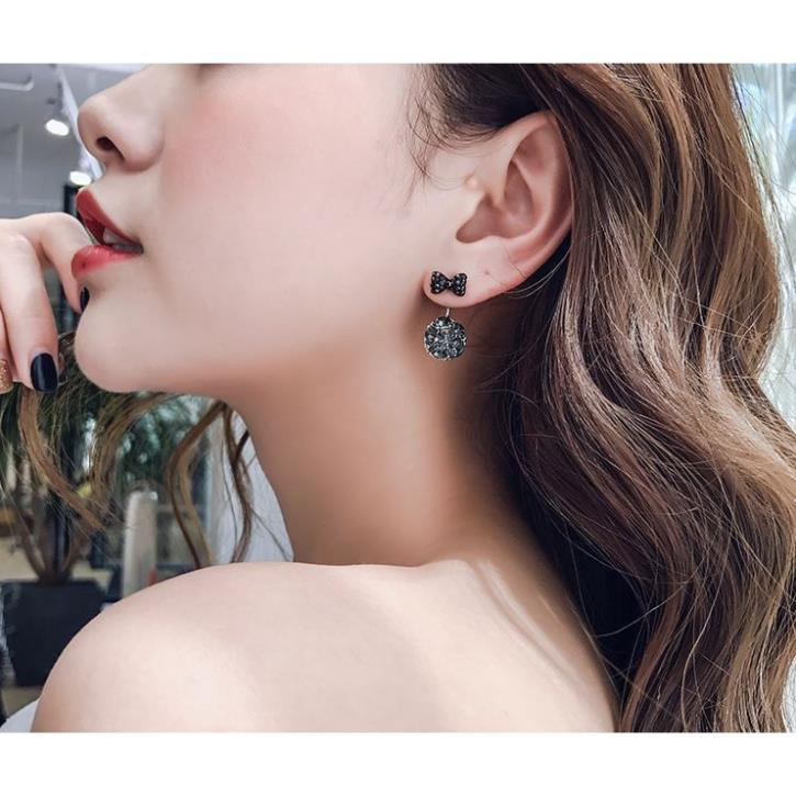 Bông tai 2 in 1 hai kiểu đeo đính đá nơ đen Hoa tai Phụ kiện Đẹp i23