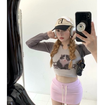 Áo Thun Croptop Tay Dài Dáng Ôm In Hình Mèo Màu Sắc Ngọt Ngào Dễ Phối Đồ Thời Trang Cho Bạn Gái