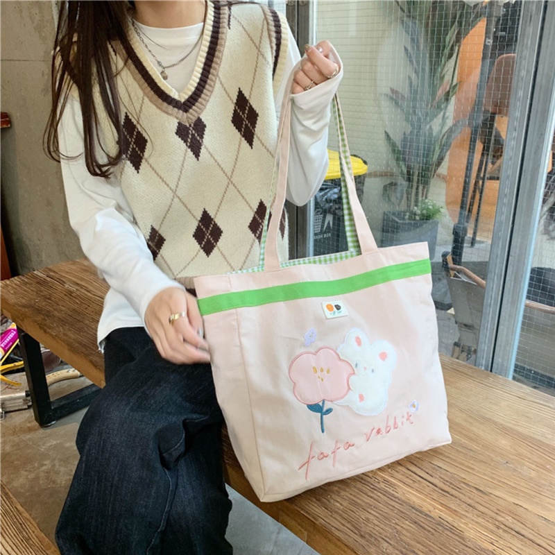 Túi Xách Cotton Nhật Bản Thêu Họa Tiết Gấu Có Thể Tái Sử Dụng Cho Nữ