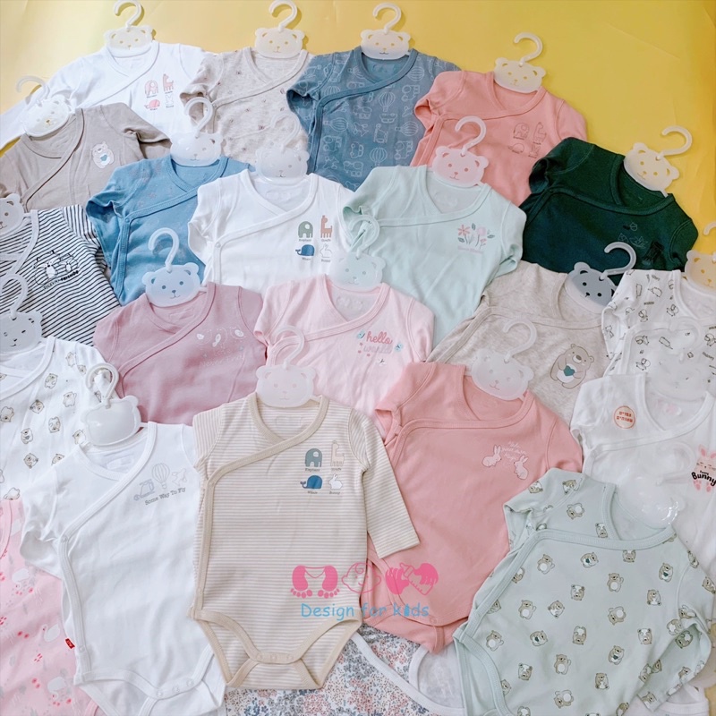(Link 2) Bodysuit cho bé, bộ body chip dài tay cài cúc VẠT CHÉO vải ORGANIC cotton hàng xuất dư MU.J