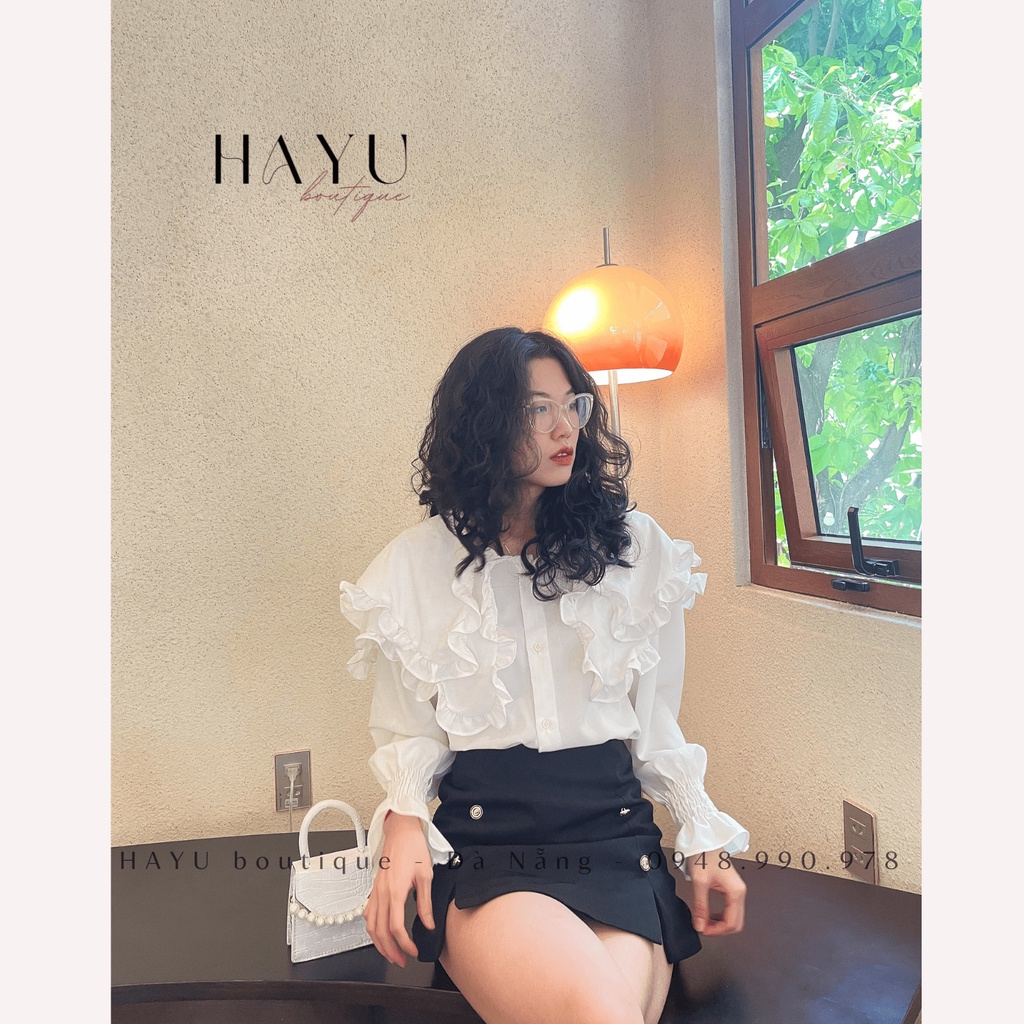 Áo sơ mi trắng cổ bèo tay bo chun, áo sơ mi trắng thanh lịch cho nữ