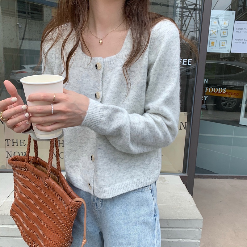 Áo khoác cardigan dệt kim tay dài cổ vuông đính khuy đơn giản trẻ trung 46325