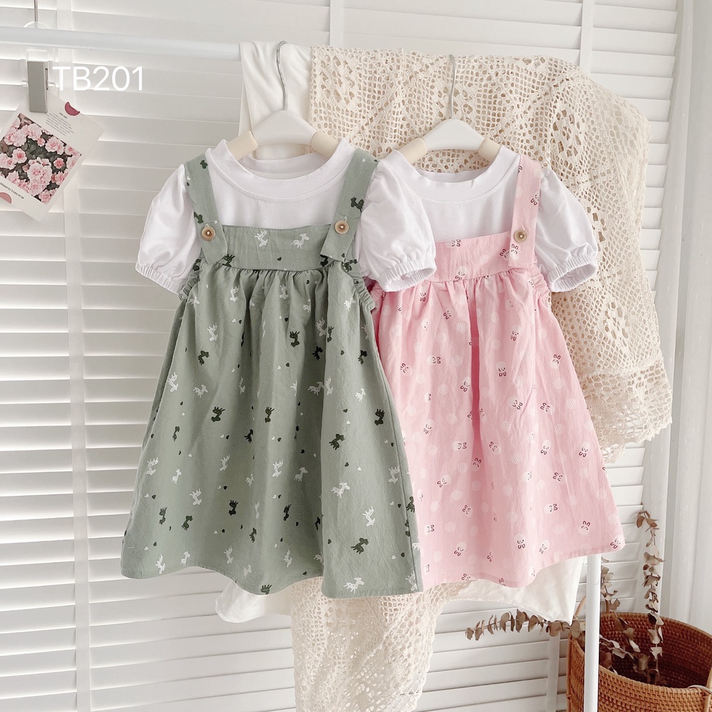 Váy Yếm Hoa Cho Bé Gái, Sét Yếm Hoa Nhí Kèm Áo Thun Trắng Vintage Cho Bé