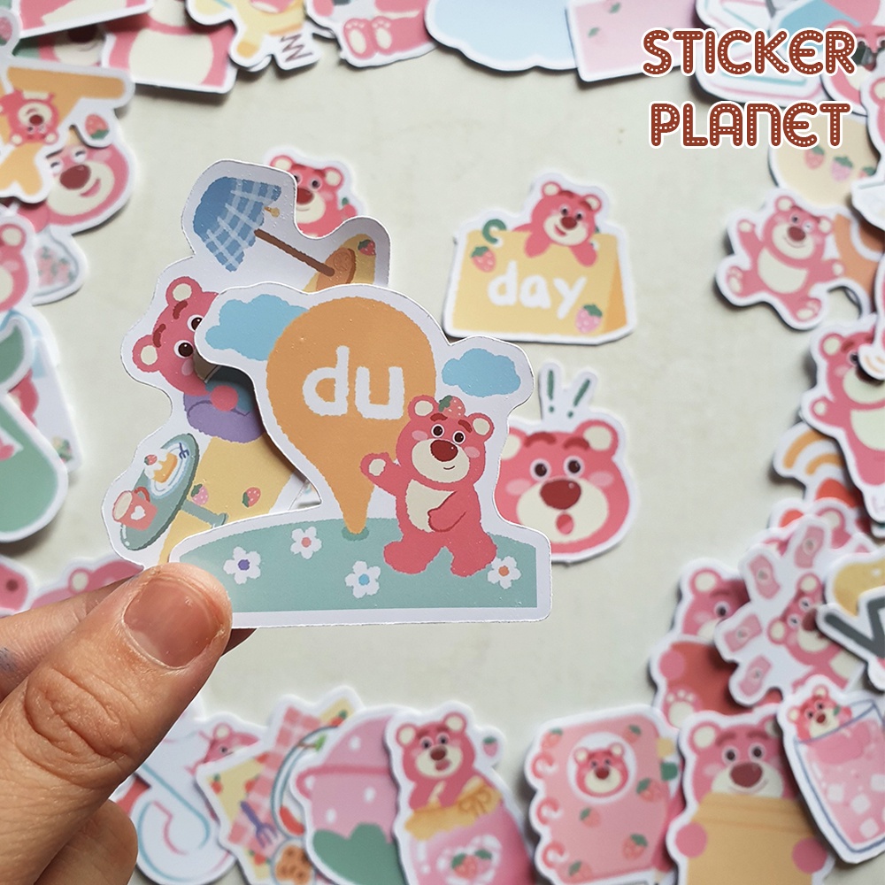 Sticker hình dán Gấu dâu lotso tông màu pastel dễ thương cute, pastel trang trí mũ bảo hiểm, dán Laptop, journal, sổ tay