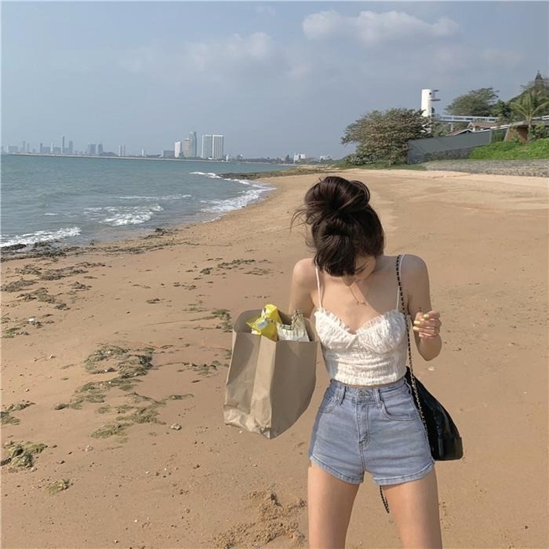 Quần Short Jeans Lưng Cao Phong Cách Retro Cho Nữ