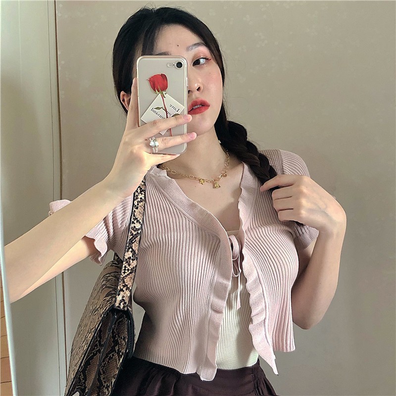 Cocory vn Áo kiểu cardigan màu trơn phối dây thắt dễ phối đồ 5 màu sắc tùy chọn quyến rũ thời trang cho nữ