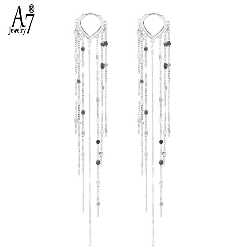 A7| Bông Tai Bạc 925 Dáng Dài Phối Tua Rua Hình Trái Tim Thời Trang X4Y51