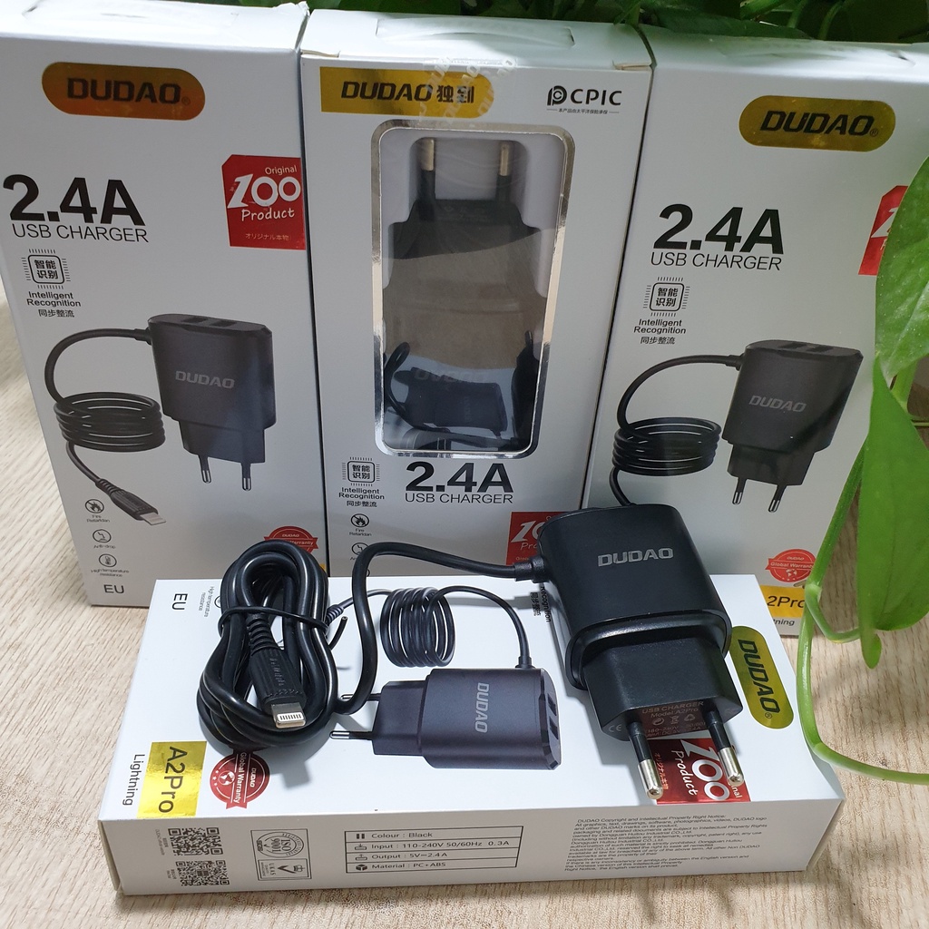 Củ Sạc Nhanh Liền Dây Dudao A2pro 2.4A Kèm 2 Cổng USB Có Thể Sạc Cùng Lúc 3 Thiết Bị Vỏ Nhựa ABS Chống Cháy BH 12 Tháng