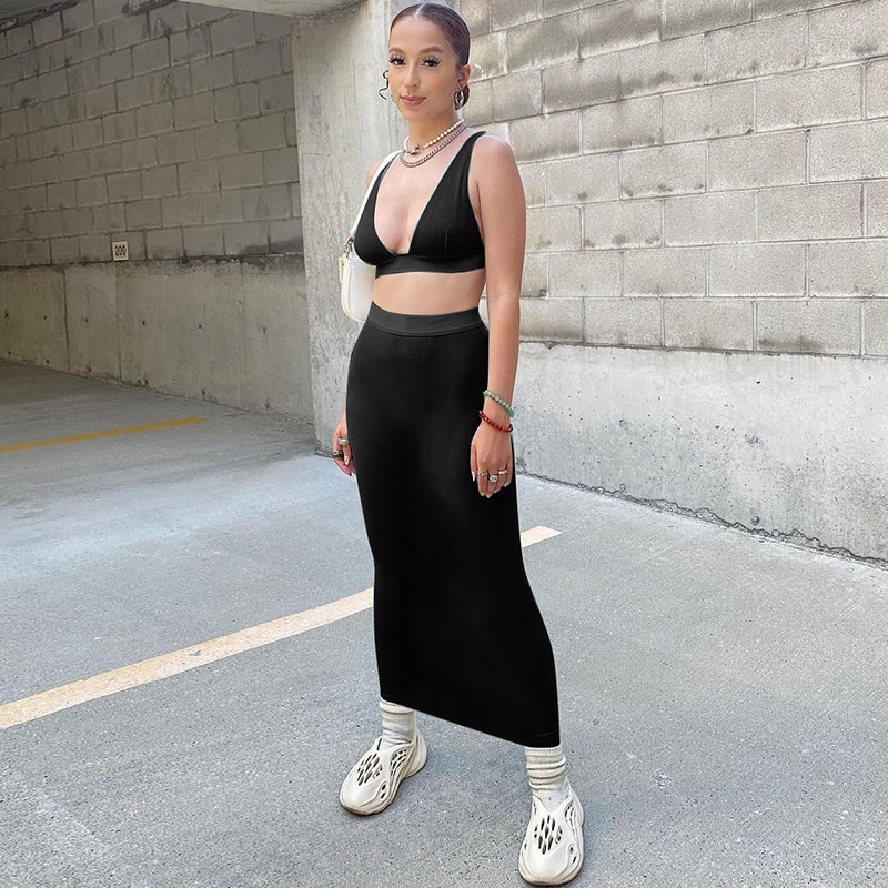 DUNEA Set đồ gồm áo cổ chữ V hở lưng và chân váy phong cách quyến rũ cho nữ