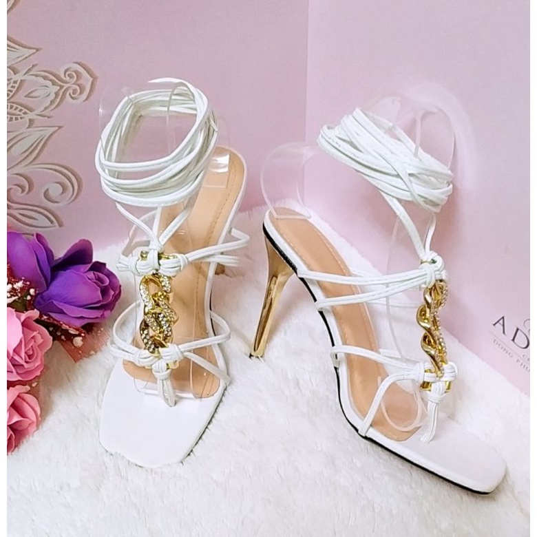 Giày cao gót nữ dây quấn cổ chân, gót nhọn mạ vàng cao 9.5cm, mẫu hot trend, lên chân cực sang