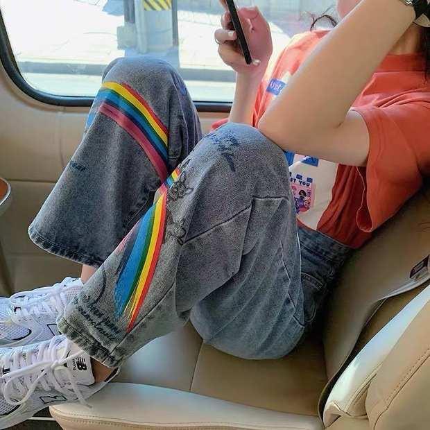 Quần jean dài lưng cao ống rộng dáng suông in họa tiết thời trang cho nữ