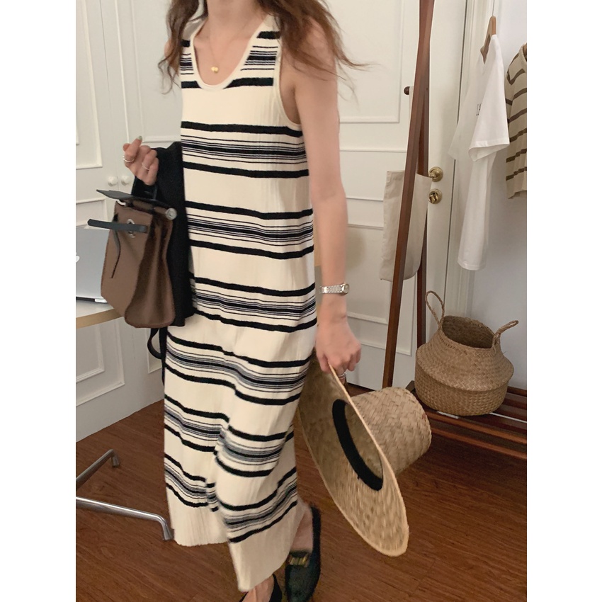 Xiaozhainv Đầm Maxi Dệt Kim Không Tay Dáng Chữ A Màu Sắc Tương Phản Phong Cách Hàn Quốc Dành Cho Nữ