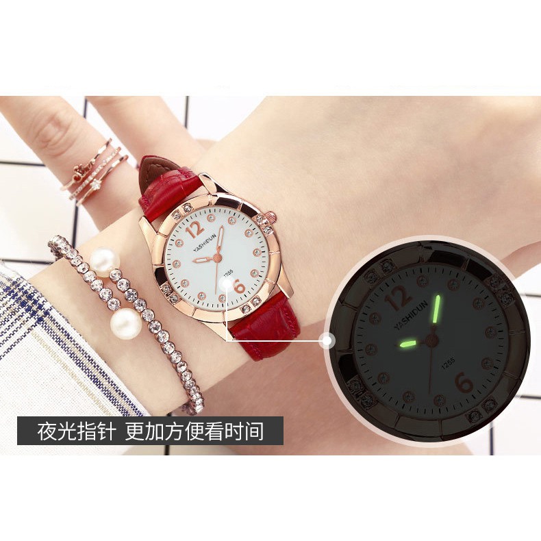 Đồng hồ nữ dây da, đồng hồ đeo ta YASHIDUN công sở, nữ tính, đính đá sang trọng