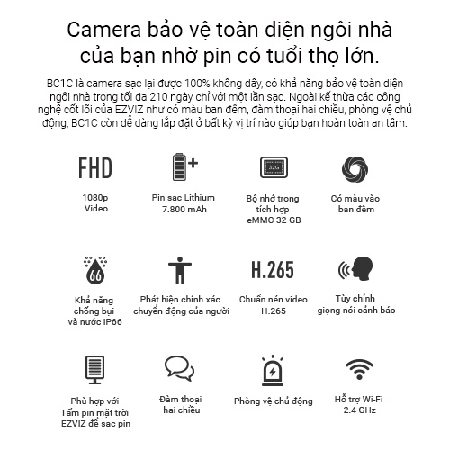 Camera Wi-Fi EZVIZ BC1C Không Dây, 1080P, Pin Sạc 7800 mAh, Bộ Nhớ Trong 32GB