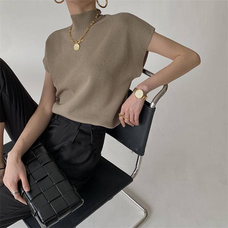 Áo Thun Dệt Kim Cổ Cao Tay Cộc Dáng Rộng Thời Trang Xuân Hè Cho Nữ