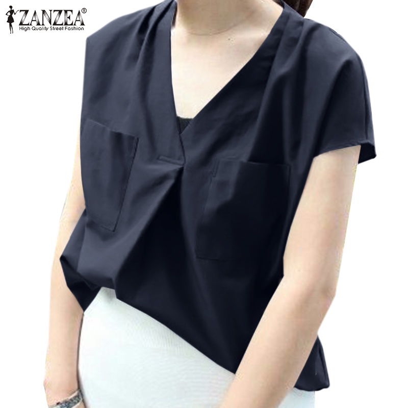 Áo kiểu ZANZEA tay ngắn cổ chữ V màu trơn thời trang mùa hè cho nữ