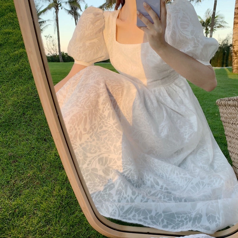 Váy đầm maxi hở lưng thắt nơ dáng dài xoè cổ vuông tiểu thư vintage đi chơi đi biển du lịch