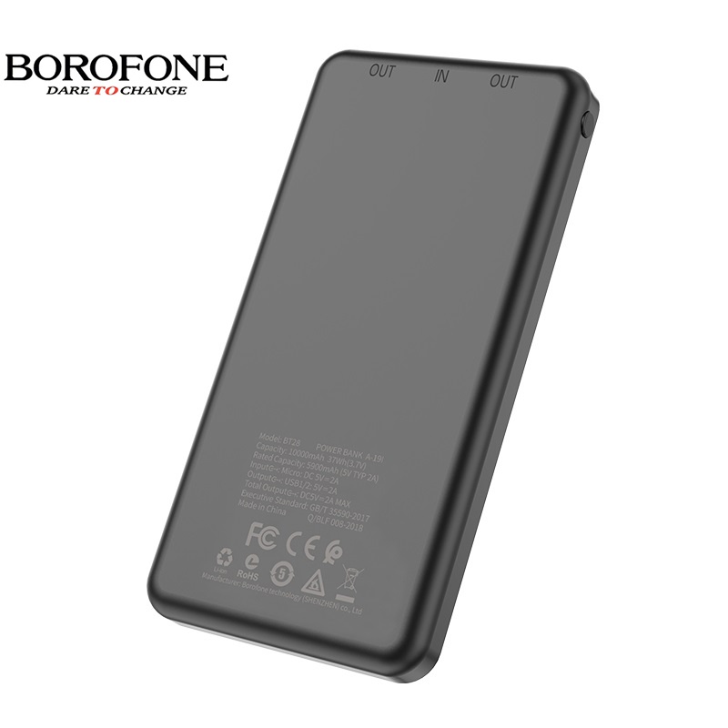 Pin sạc dự phòng 10000mAh BOROPHONE BT28 có đèn báo, 2 cổng ra 2A - Chính hãng