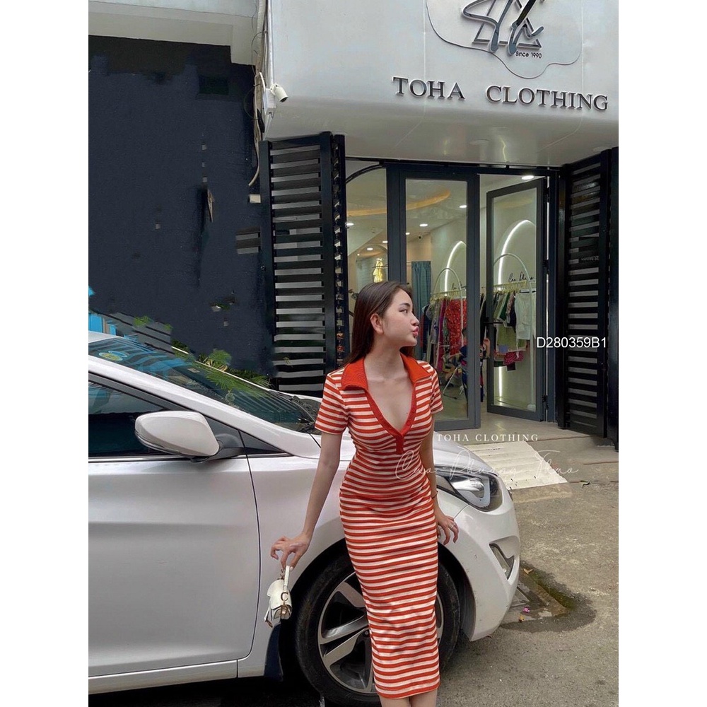 Đầm sọc ôm body cổ bẻ!