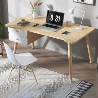 Bàn làm việc tại nhà và văn phòng 2 ngăn kéo đơn giản hiện đại màu trắng và kem - Bàn học sinh viên bằng gỗ decor phòng