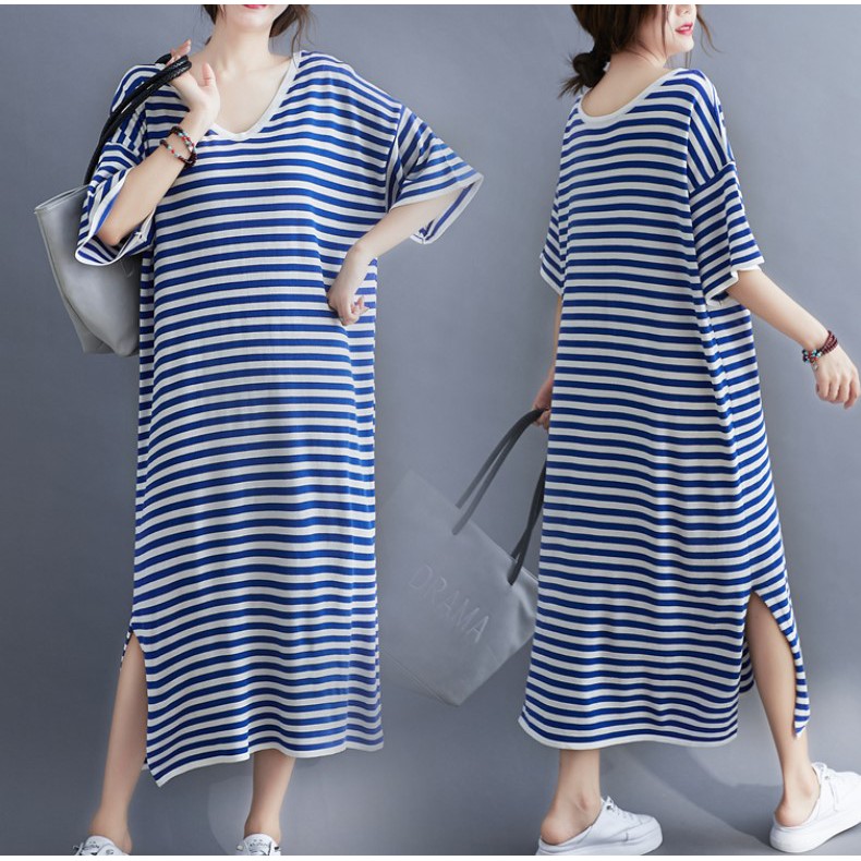 A138 Đầm big size freesize kẻ sọc ngang phối màu trẻ trung kiểu dáng năng động