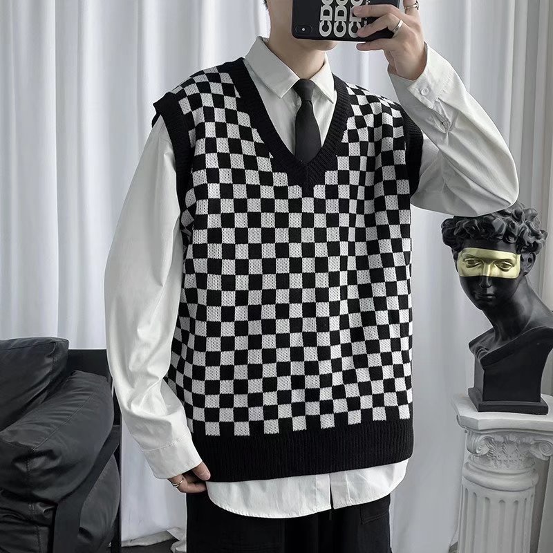 Áo Len Không Tay Cổ Chữ V Họa Tiết Sọc Caro Phong Cách Retro Thời Trang Hàn Quốc Cho Nam Và Nữ