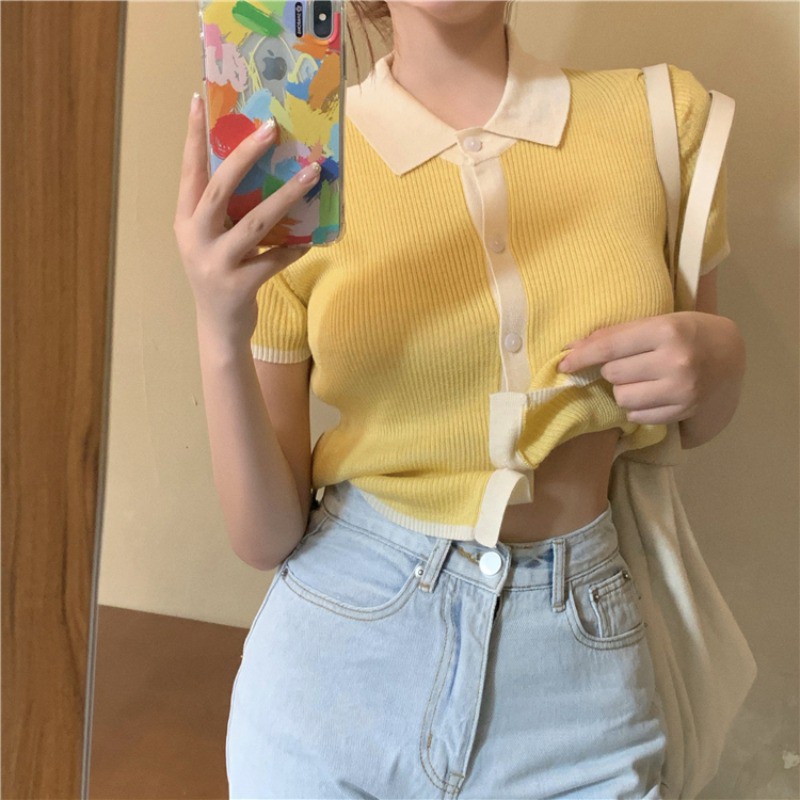Áo len sơ mi POLO nữ cộc tay dệt kim mỏng nhẹ cài khuy phối viền ôm dáng Hàn Quốc