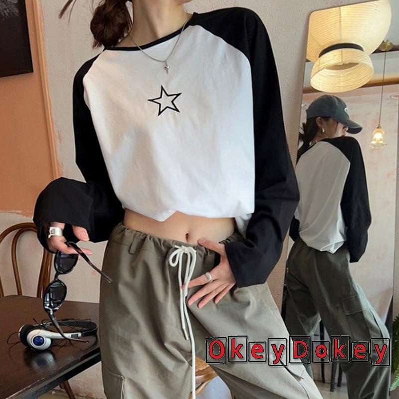 Áo Thun Tay Dài Cổ Tròn In Hình Ngôi Sao Màu Tương Phản Thời Trang Cho Nữ OKDK-Y2K