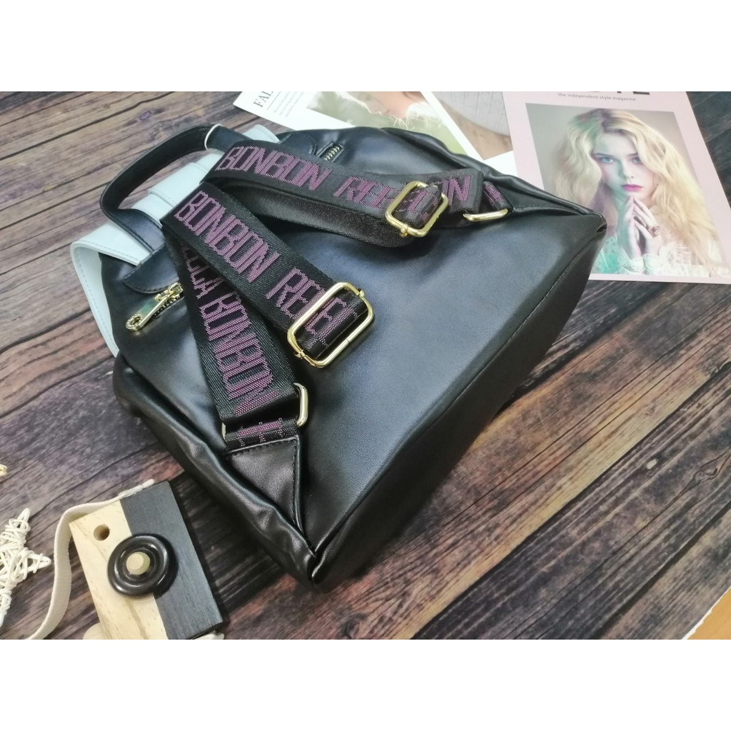 Ba lô phối màu xanh ngọc và đen PU #RebeccaBonbon chú cún Nhật Bản