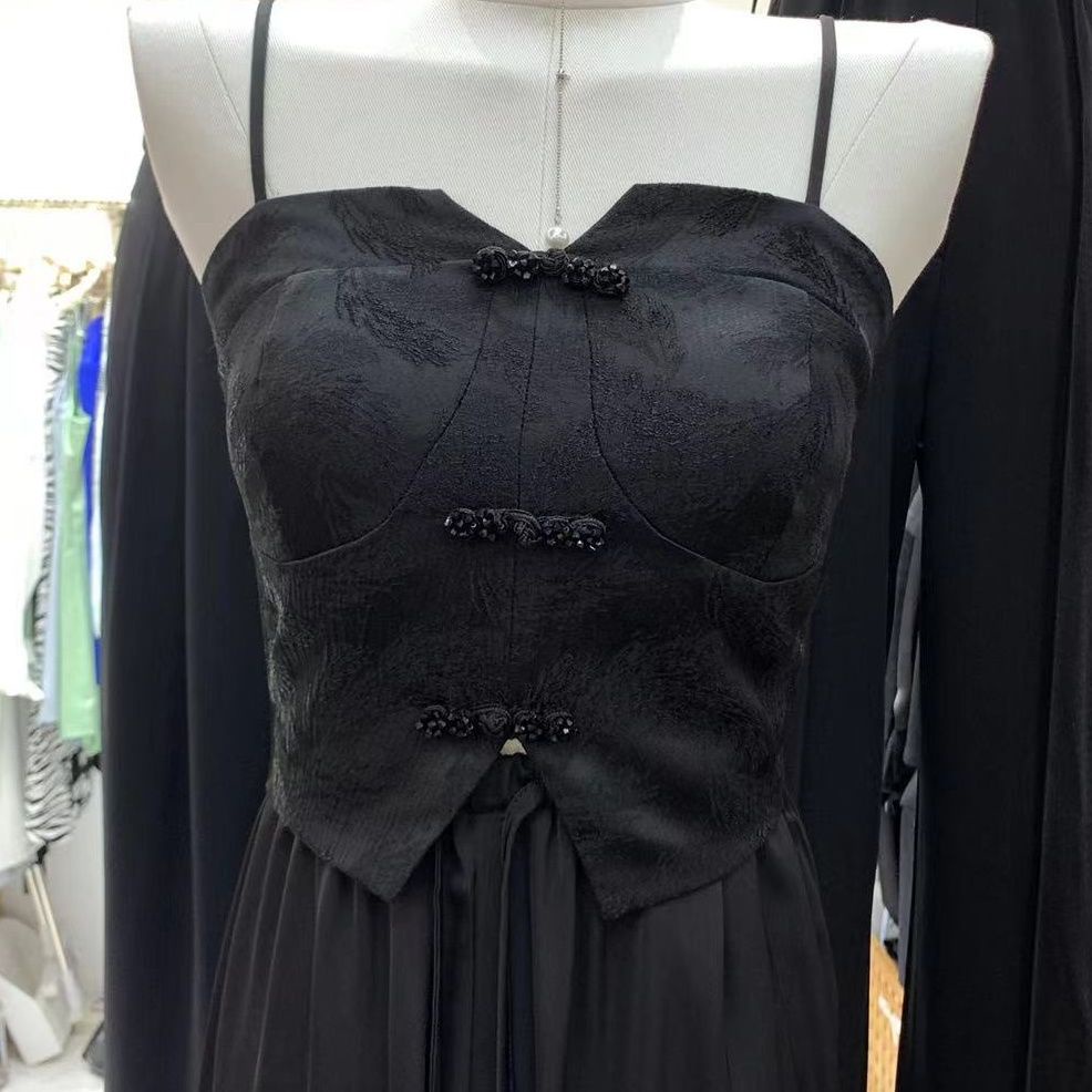 Jiashucheng Hàng Có Sẵn Áo Ống Thêu Chữ Thư Pháp Xu Yuanyuan Mùa Hè Hai Dây Có Khóa Cài Thiết Kế Cá Tính Kiểu Retro Niche