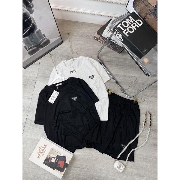 Bộ đùi cotton đen trắng Set áo logo mix quần sooc đùi dáng thụng rộng