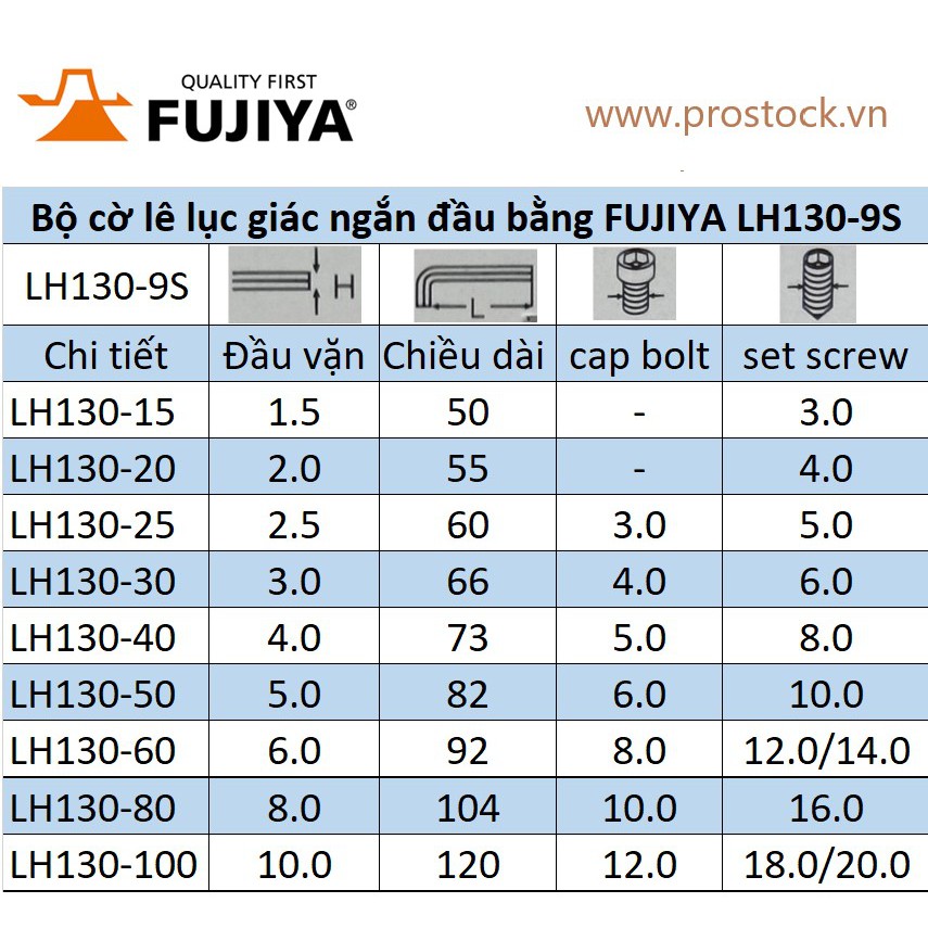 [Sản xuất tại Nhật] Bộ cờ lê lục giác ngắn đầu bằng 9 chi tiết FUJIYA LH130-9S made in Japan