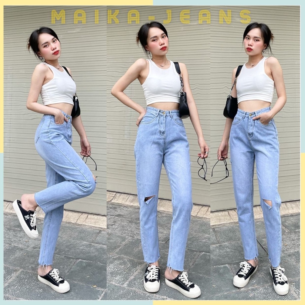 (Freeship) Quần Jeans Nữ Baggy Cạp Cao Siêu Tôn Dáng Rách Hông Và Đùi Lai Quân Cắt Gấu (Hình thật shop chụp)