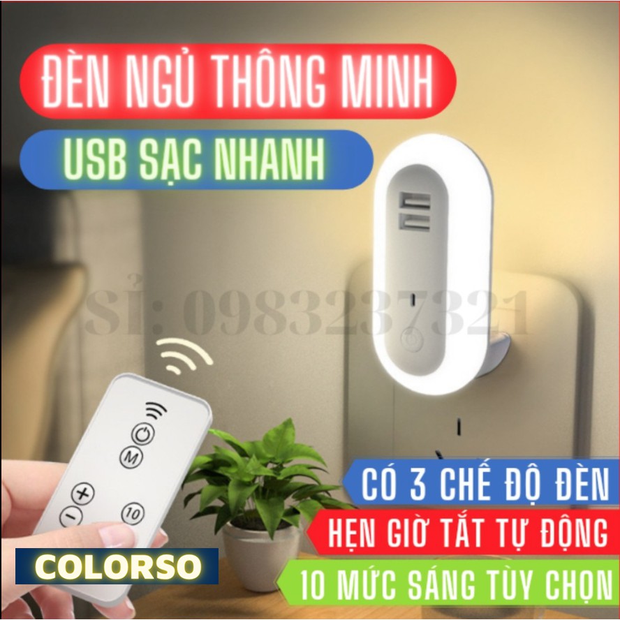 Đèn ngủ thông minh COLORSO 10 cấp độ sáng - điều khiển từ xa bằng remote - hẹn giờ -có cổng sạc nhanh điện thoại - 2021