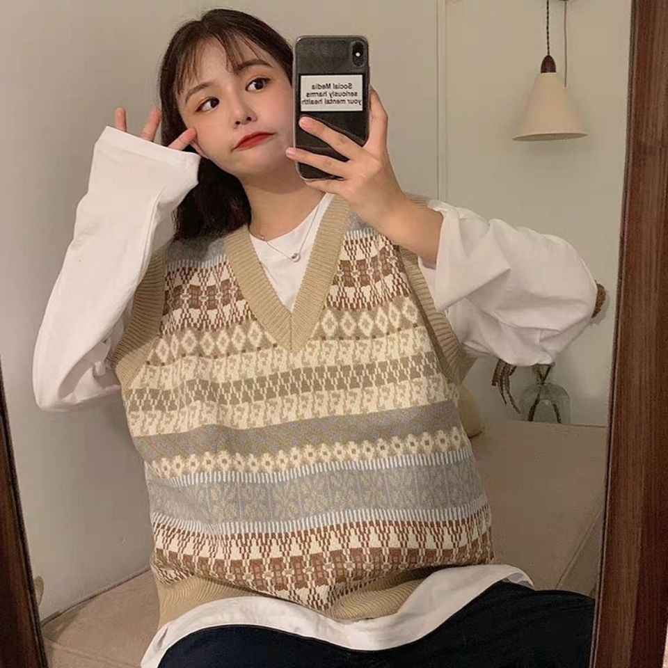 Áo Gile Vest Knitted Women's Sleeveless Korean Student V-neck Pullover Vest