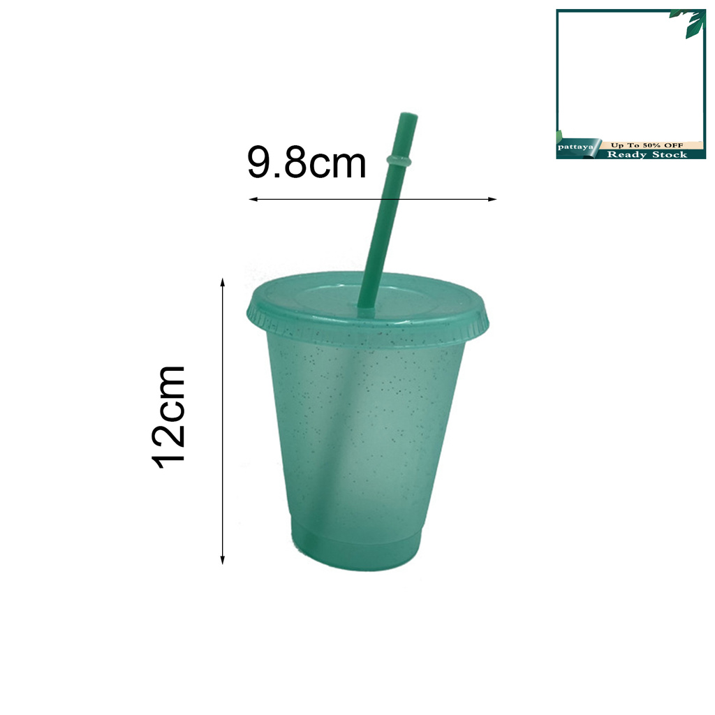 CFYP_400/500ml Straw Drinking Cup Large-capacity Wide Mouth Lid Plastic Flash Powder Shiny Water Bottle for School
