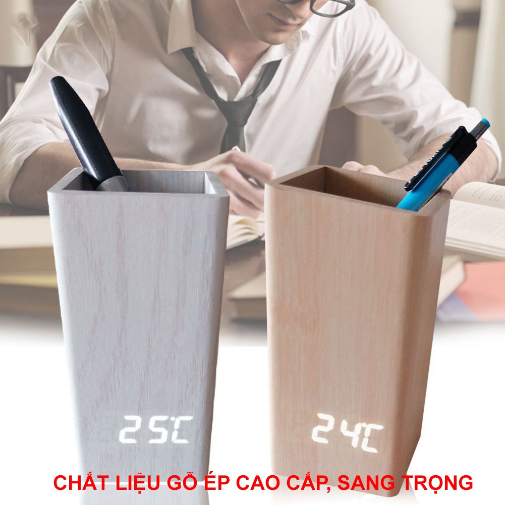 Đồng Hồ Để Bàn Gỗ Mini Đèn Led, Chế Độ Báo Thức/Nhiệt Độ Kết Hợp Khay Cắm Bút Viết