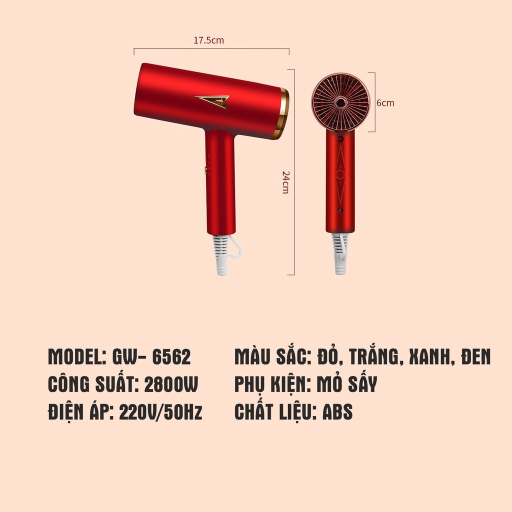 Máy Sấy Tóc Tạo Kiểu GW-6562 Công Suất Lớn 2800W - 2 chiều nóng lạnh - Tặng Kèm Mỏ Sấy