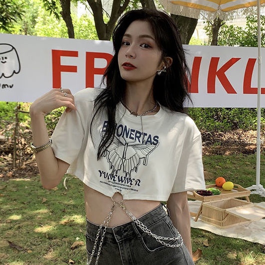 Áo croptop nữ Tay Ngắn Phối Dây Xích  áo Thun JL-TX-216