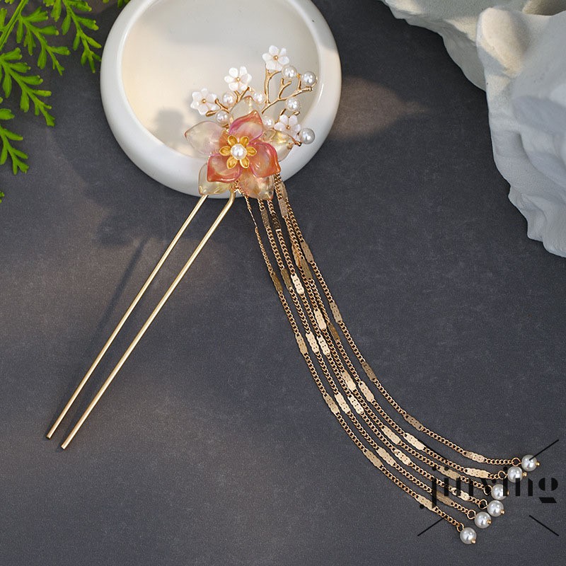 GETNOIVAS Trâm cái tóc cổ xưa đính hoa ngọc trai dính tóc giả tua rua phong cách Hanfu