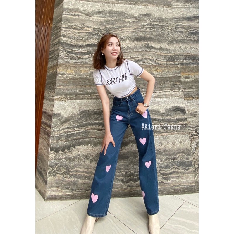 Quần Jeans Nữ - Quần Jean Nữ Chất Cotton Không Giãn, Họa Tiết In Trái Tim Hồng, Ống Rộng Cao Cấp