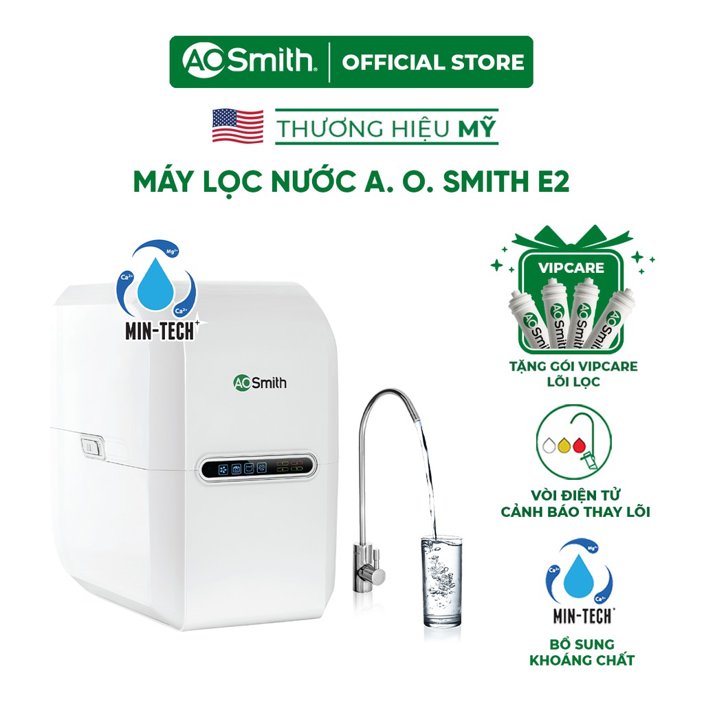 Máy lọc nước A. O. Smith E2 và gói bảo dưỡng máy - thay thế bộ 4 lõi lọc