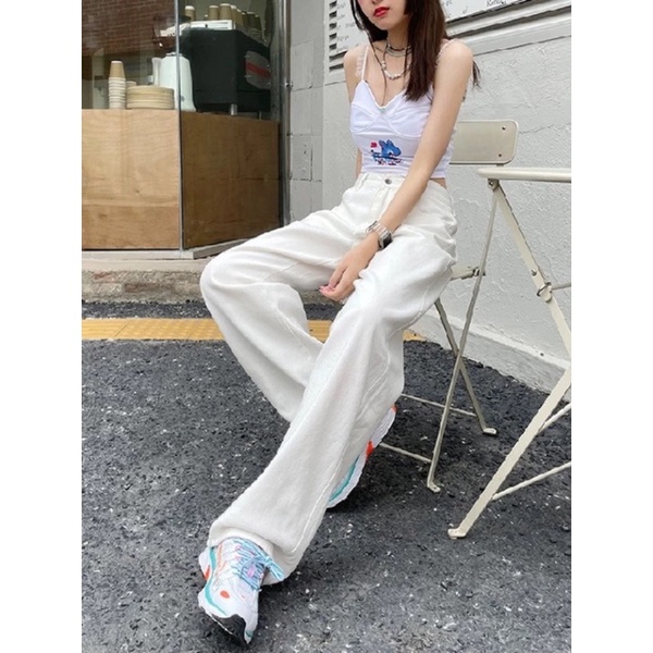 Quần Baggy Kaki Nữ Ống rộng dáng suông phong cách hàn màu trắng kem
