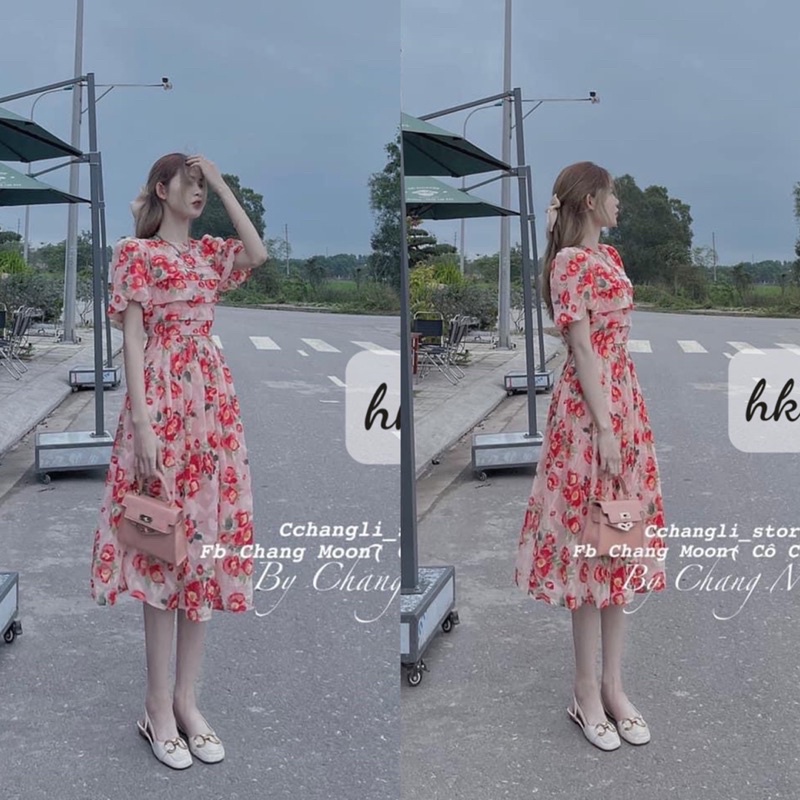 Váy hoa đỏ xếp ly ngực màu mới hot hit 2022 tay bồng siêu xinh
